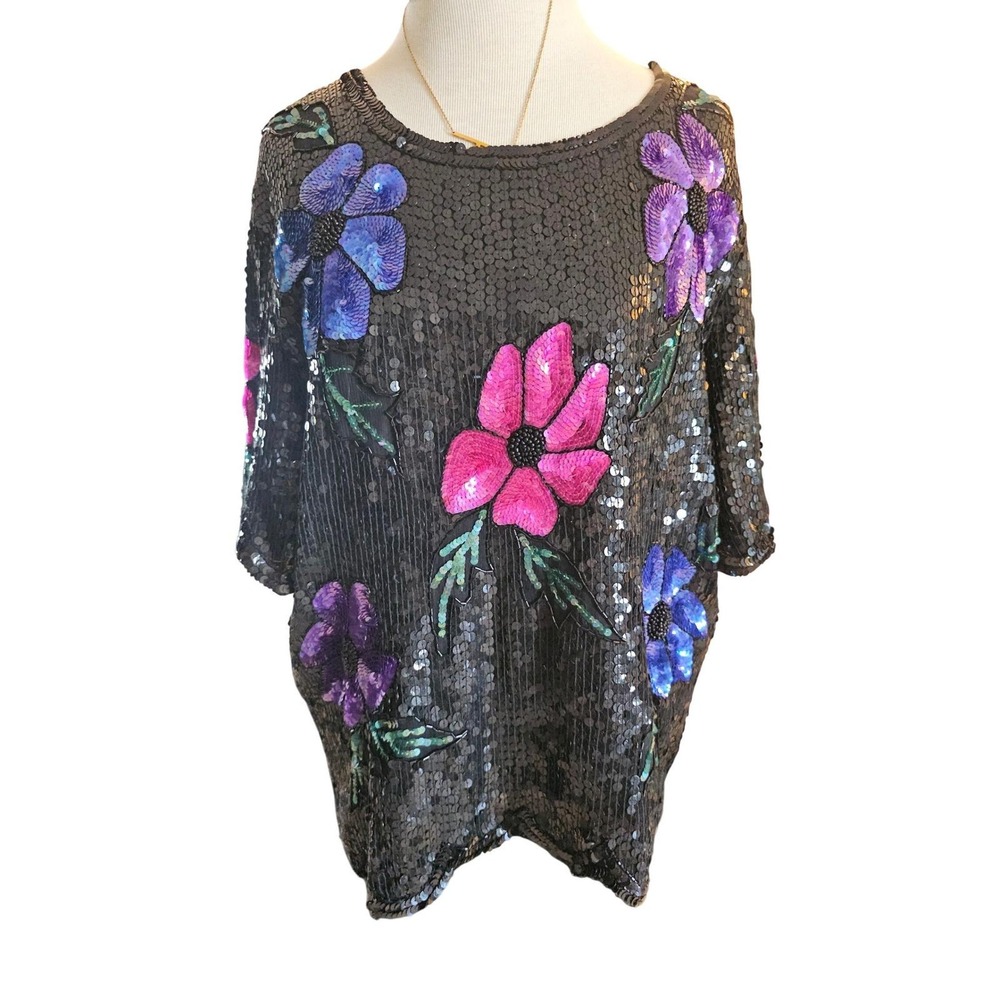 Royal Feelings 80s Vintage Silk Sequin Floral Top Black XL Beaded‎ Glam